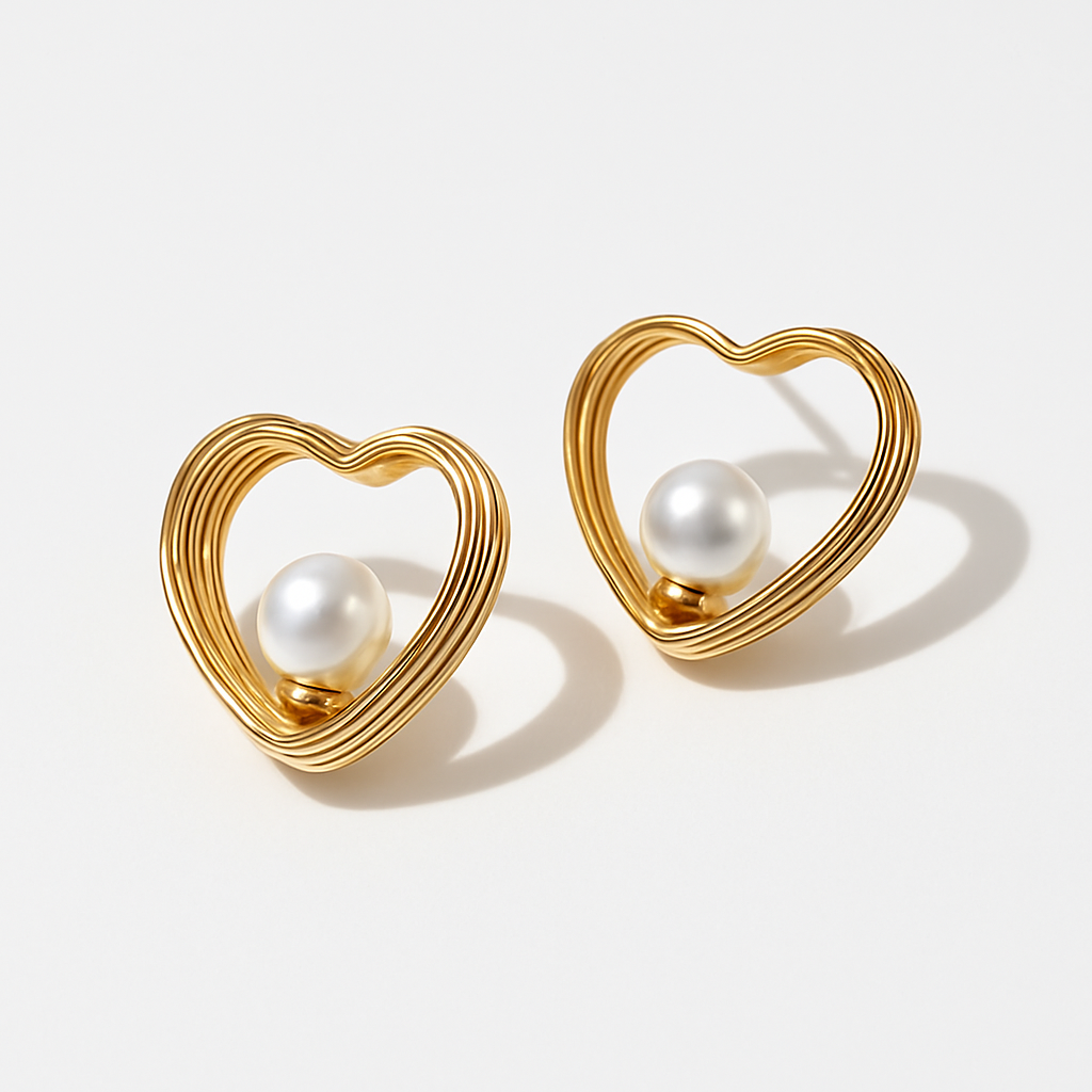 This is a gold heart-shaped earring with a pearl centerpiece. I’ll create a luxury-style product description for your store: